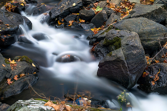 Long exposure photograph of the Pocantico River rushing through Rockefeller State Park Preserve in New York State Hudson Valley