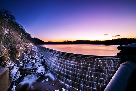 Long Exposure photograph of the New Croton Dam and Reservoir at Sunrise on December 31st in New York State Hudson Valley