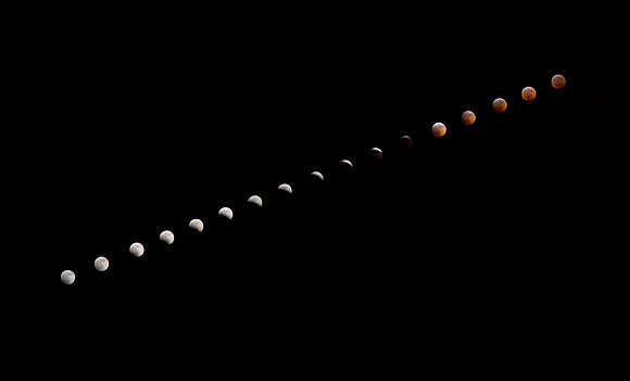 Lunar Eclipse Phases during a super blood wolf moon in January 2019 with six minute intervals in between each phase