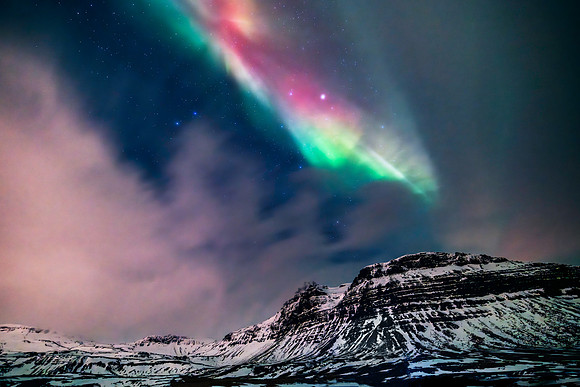 Iceland Northern Lights Aurora Borealis over Kirkjufell mountain on the western peninsula January 2024 winter